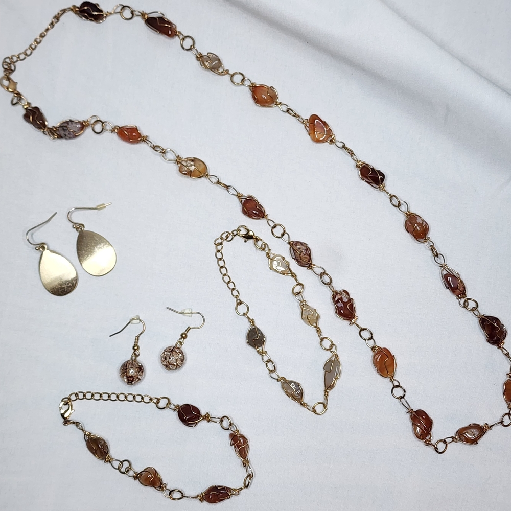 Brown & Gold Tone Jewelry Set;             1 Necklace, 2 Earrings & 2 Bracelets